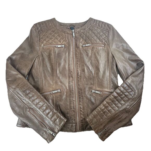Brown Leather Moto Racing Biker Jacket Womens Small Full Zip Quilted Butter Soft - Picture 1 of 13